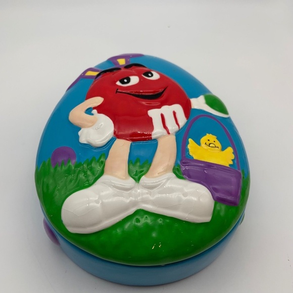 Vintage M&M Easter Red M&M Ceramic Easter Egg Shaped Dish with Lid - Picture 2 of 15